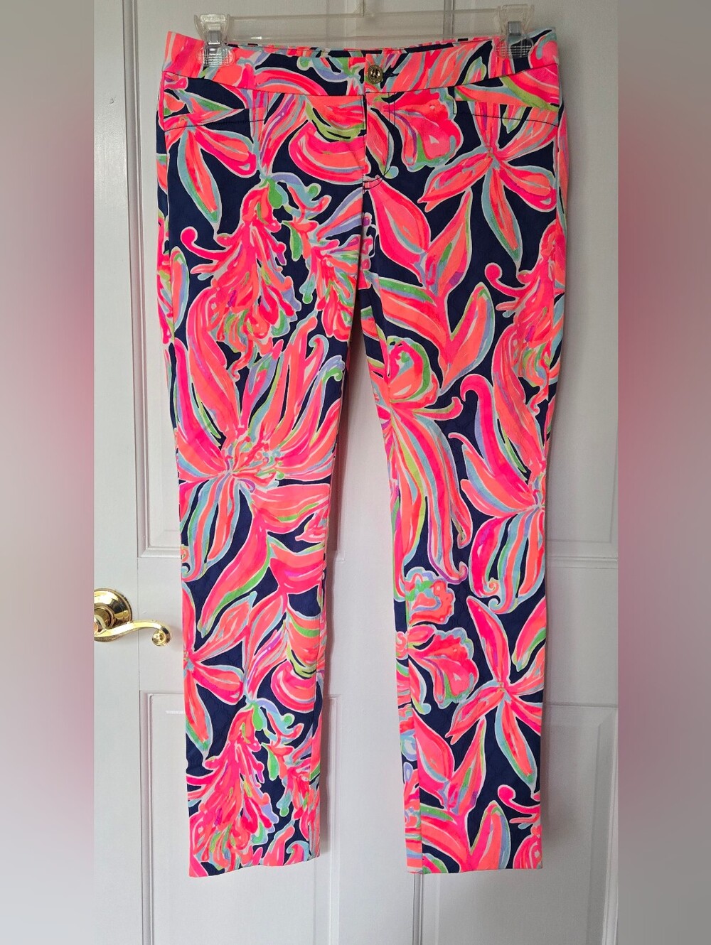 Lilly Pulitzer Kelly textured fluorescent pink orange green skinny pants sz 6